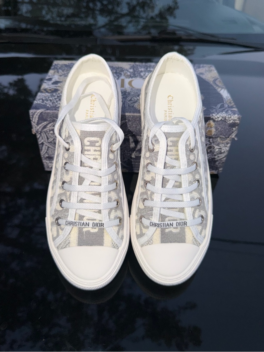Dior unisex White and Gray Canvas Low-Top Sneakers 9.5 Run Small